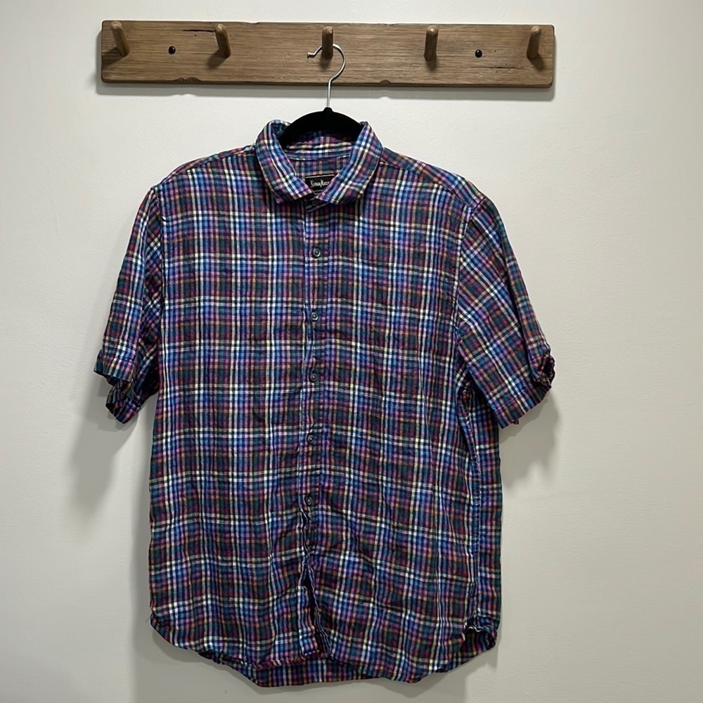𝅺NEIMAN Marcus Linen Shirt Button Up Plaid Multicolor size Medium